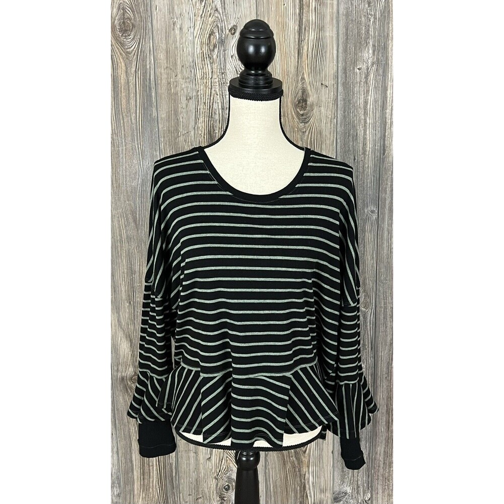 We The Free Blouse Black/Grey Stripe Over-Sized, Relaxed, Boxy, Boho, Size Large